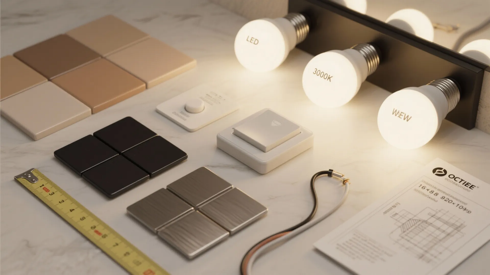 Flatlay of LED bulbs, dimmer, finish swatches and measuring tape for 3-bulb vanity lighting choices