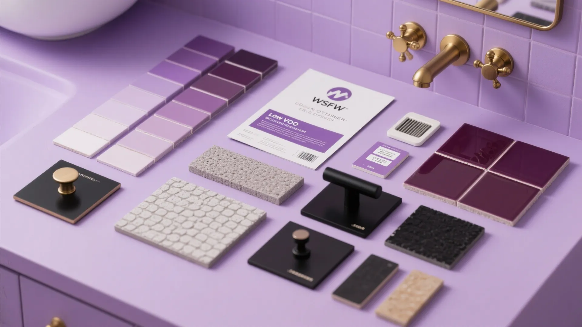 Bathroom material samples with purple tiles black cabinet handles and gold water tap on counter