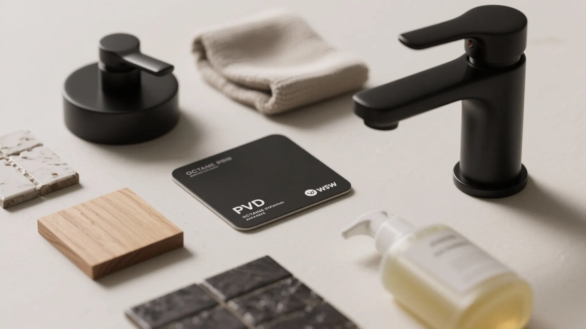 Flat lay of black faucet soap dispenser wood sample stone tiles soft cloth and bottle