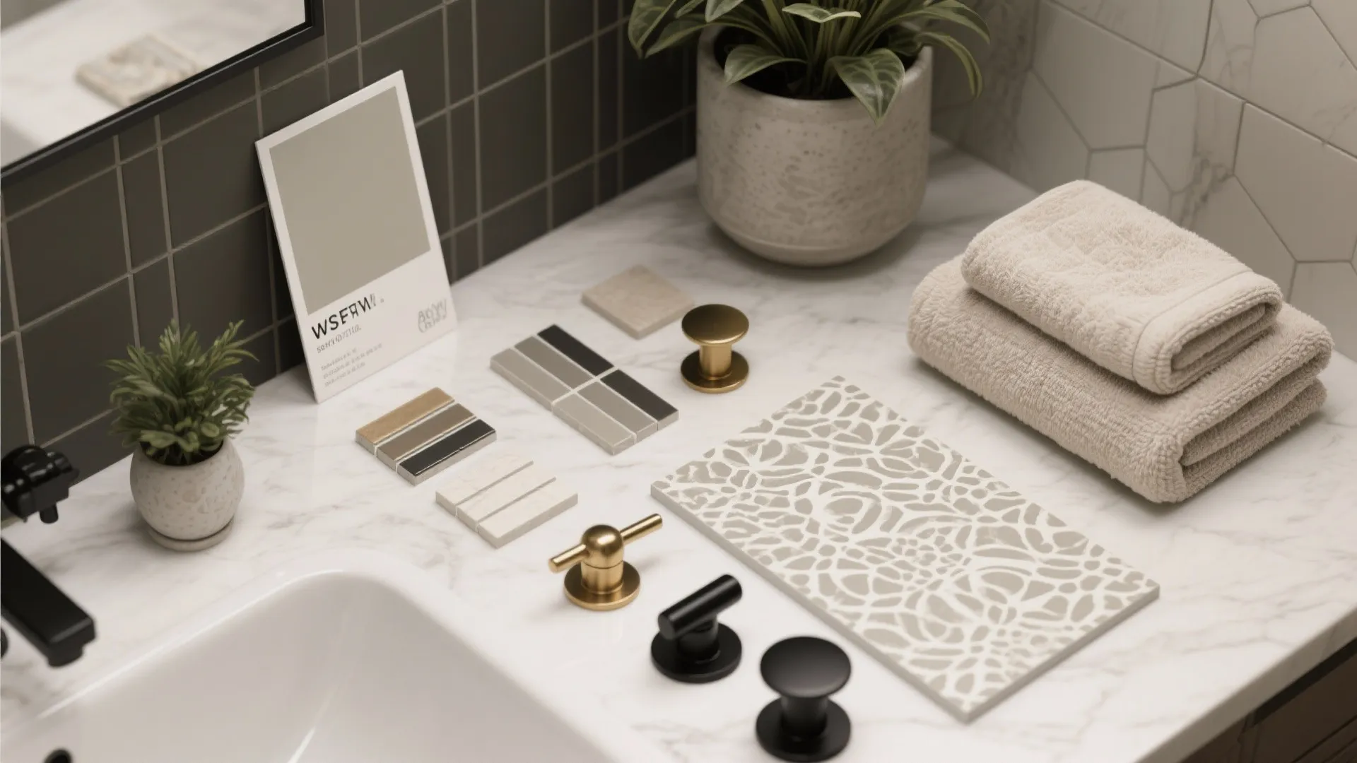 Bathroom design materials including marble countertop tile samples gold faucets green plants and beige folded towels