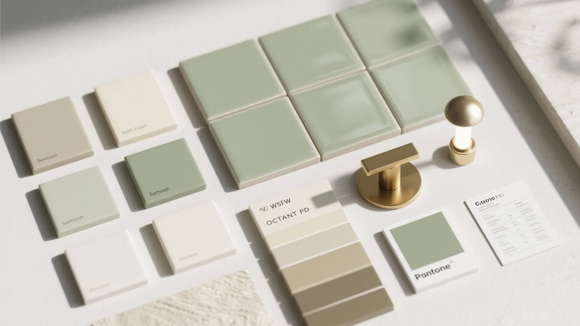 Interior design materials flatlay with green wall tiles color swatches gold handles and soft lighting