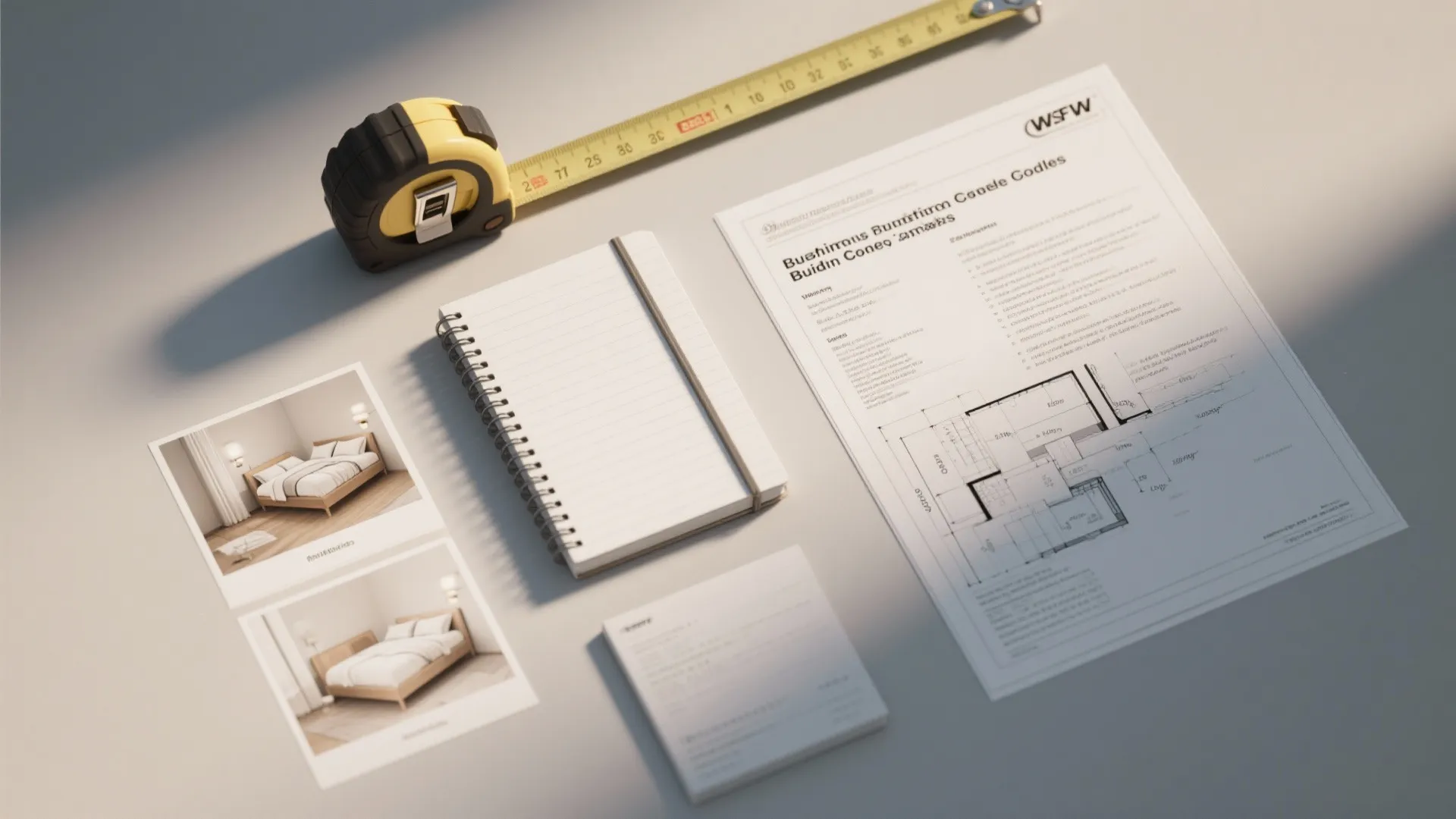 Flatlay of layout thumbnails, measuring tape and reference materials for three-bedroom design FAQs.