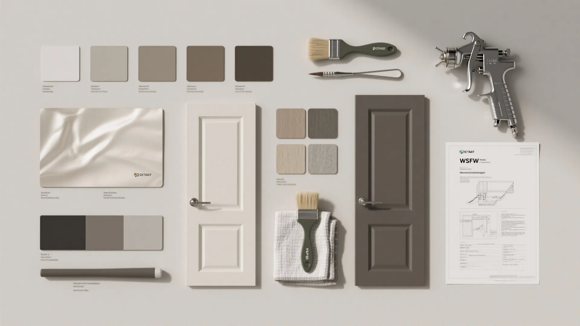 Interior design materials flat lay featuring paint color swatches brushes two doors and spray gun