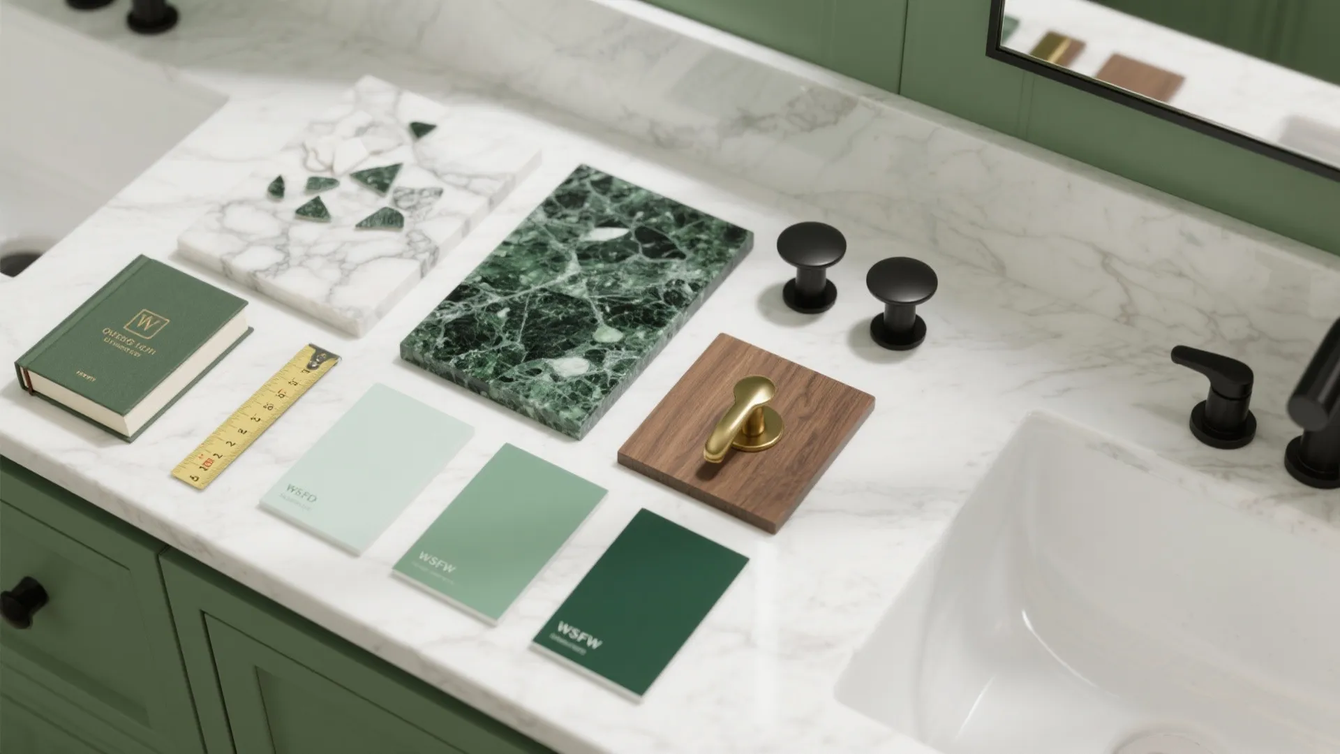 Flatlay of countertop chips, wood sample, brass and matte black hardware, and green paint swatches