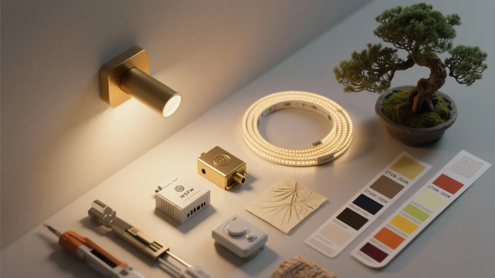 Flatlay of warm LED strip, dimmer module, brass sample, rice-paper swatch, and color temp swatches.