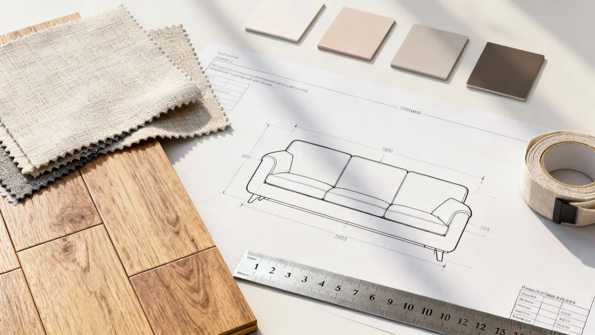 Flatlay of fabric swatches, wood sample, tape measure, and scaled sofa templates for planning layouts.
