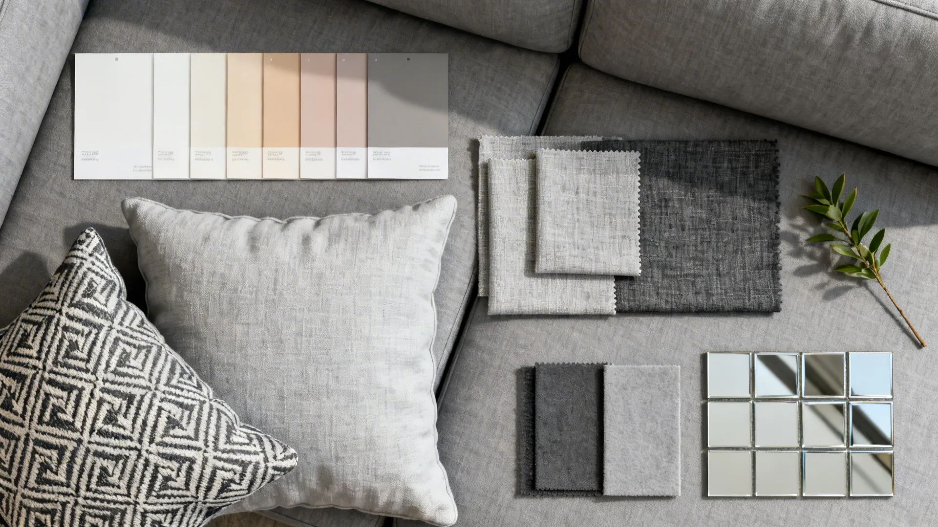 Fabric samples color swatches pillows and mirror tiles for interior design layout on a sofa