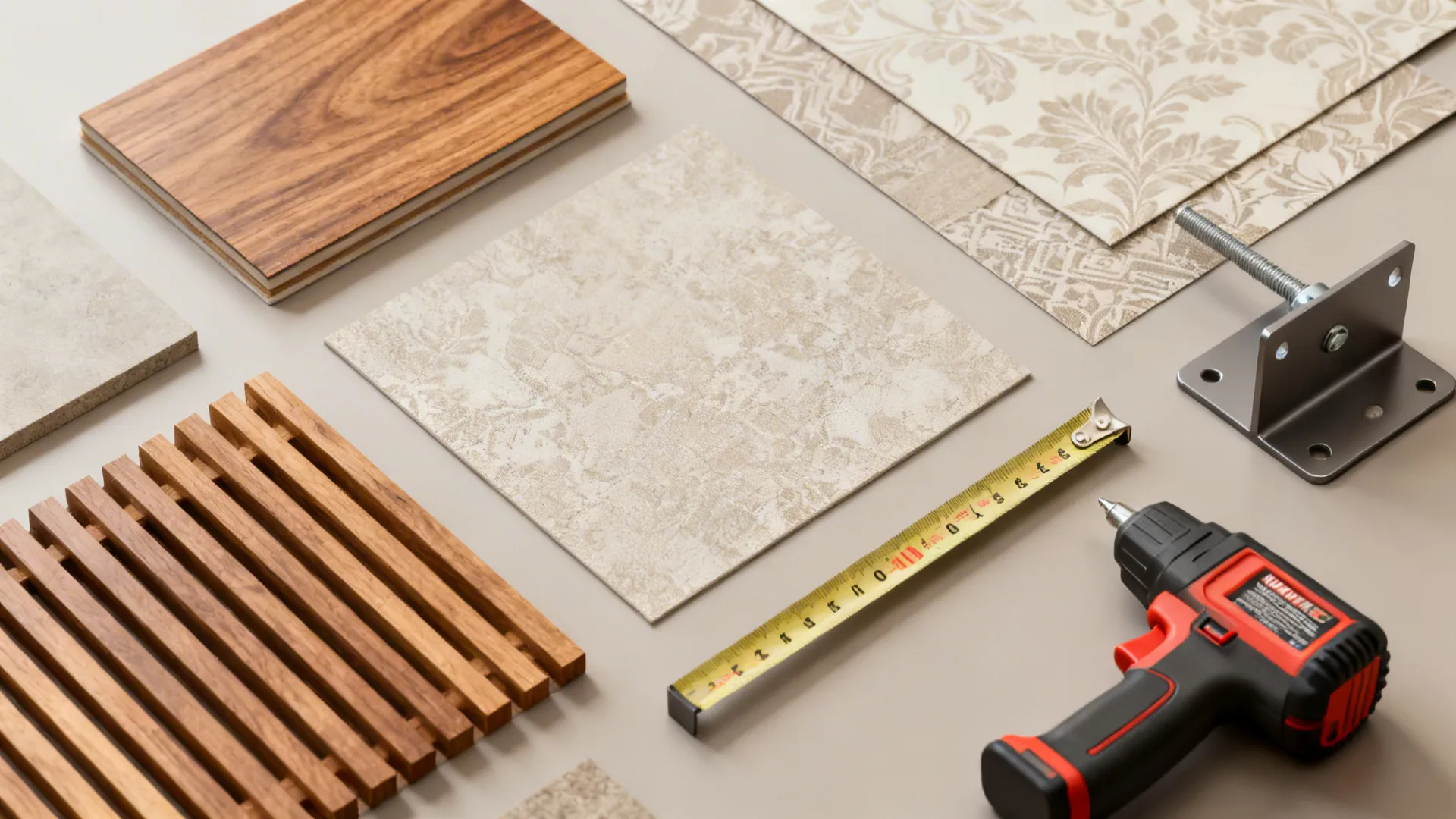 Home renovation materials including wood floor samples tiles wallpaper measuring tape and a power drill