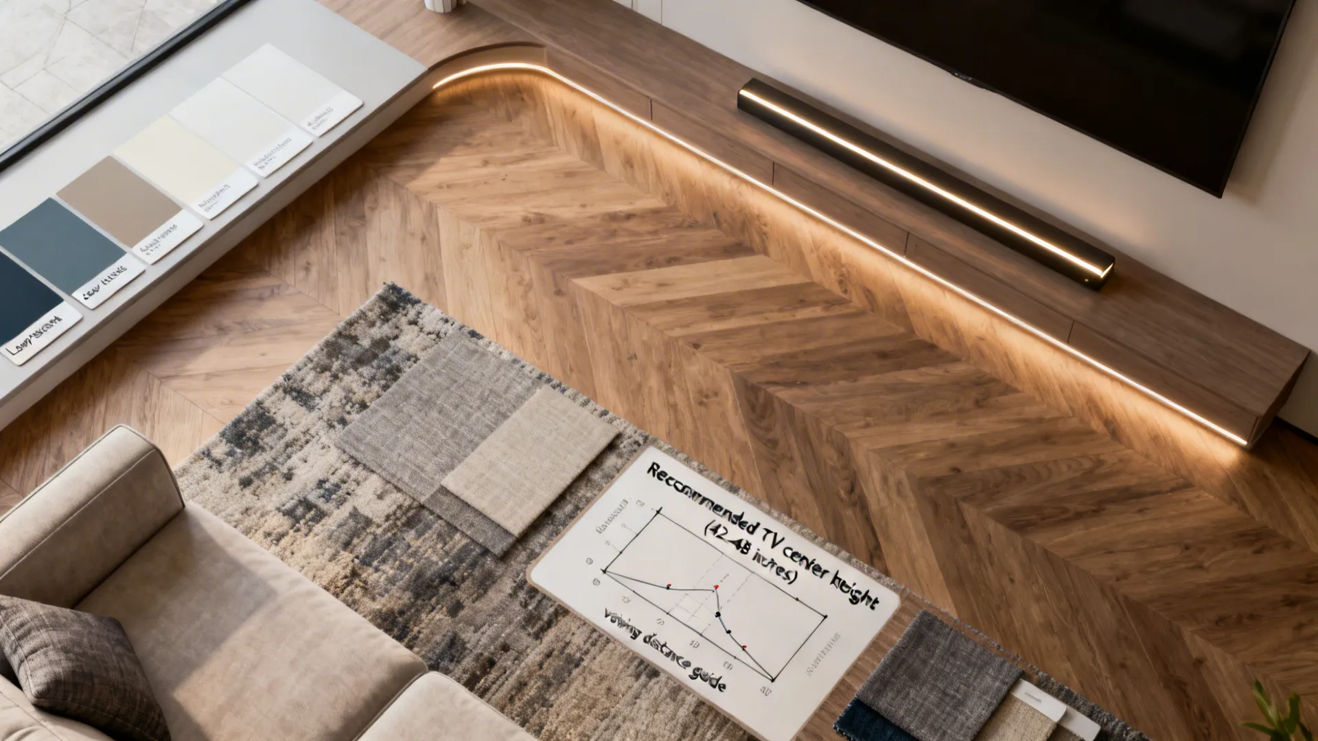 Material flatlay with paint, flooring, fabrics and TV height/distance guide for L-shaped living rooms