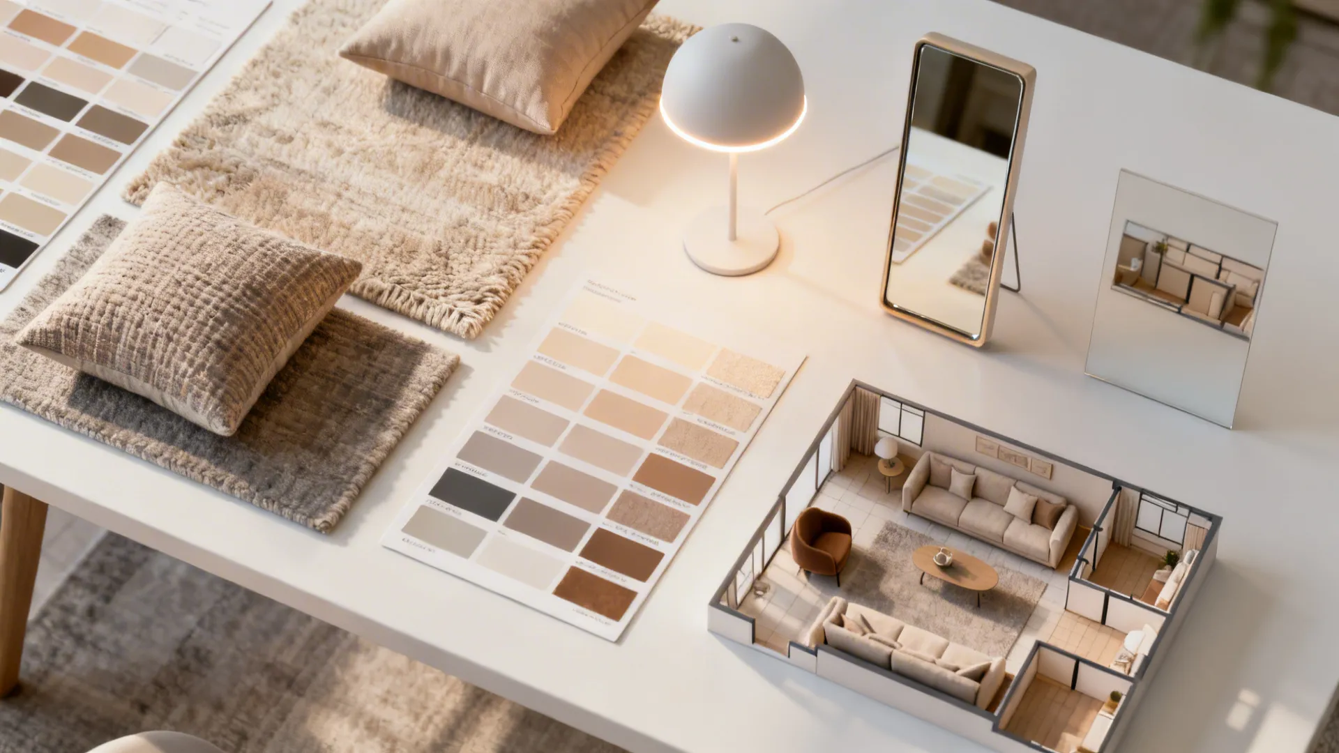 Flatlay of paint swatches, fabric samples, lamp sample and a tiny room model for planning lighting and color.
