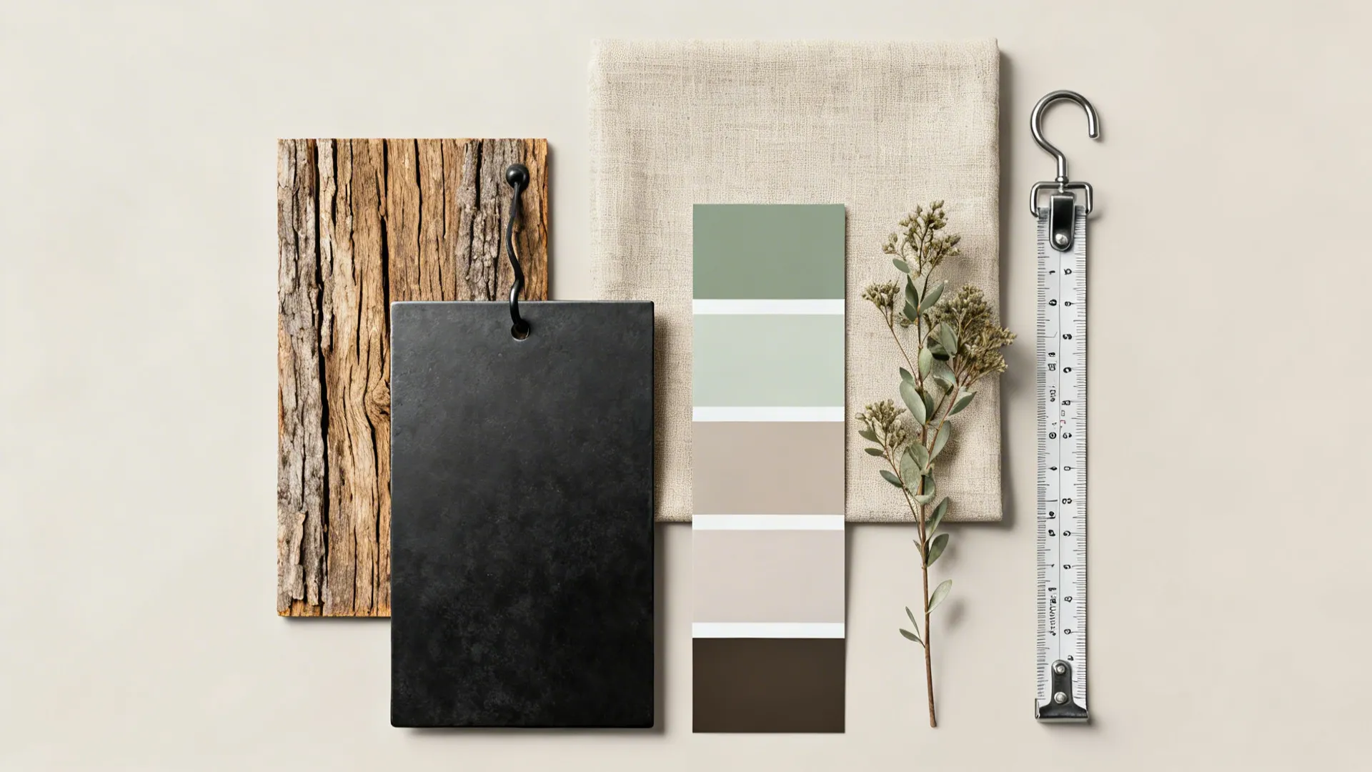 Flatlay of reclaimed wood samples, metal finishes, linen fabric and paint chips for farmhouse decorating