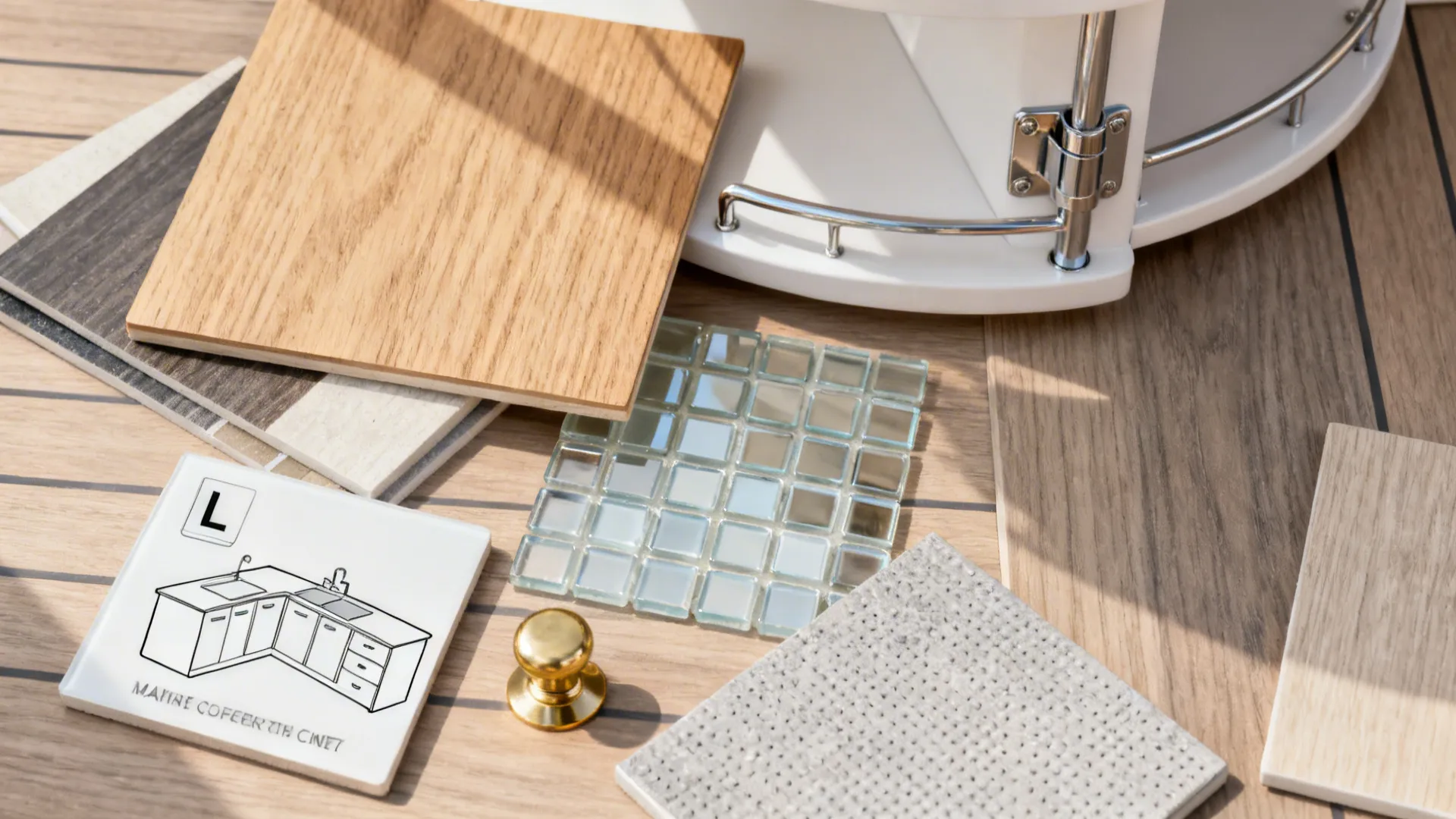 Flatlay of Kerala kitchen materials and layout icons for humidity-ready finishes and compact planning.