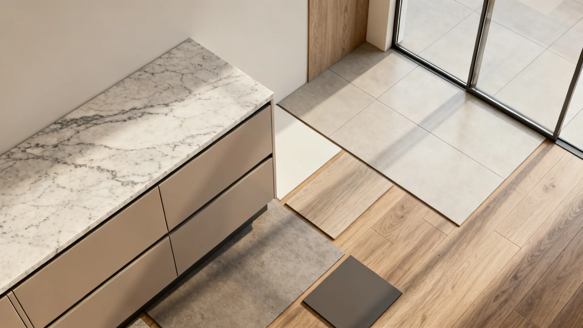 Flat lay of quartz, HPL, satin glass, large-format porcelain, and oak veneer samples illustrating small-kitchen FAQs.