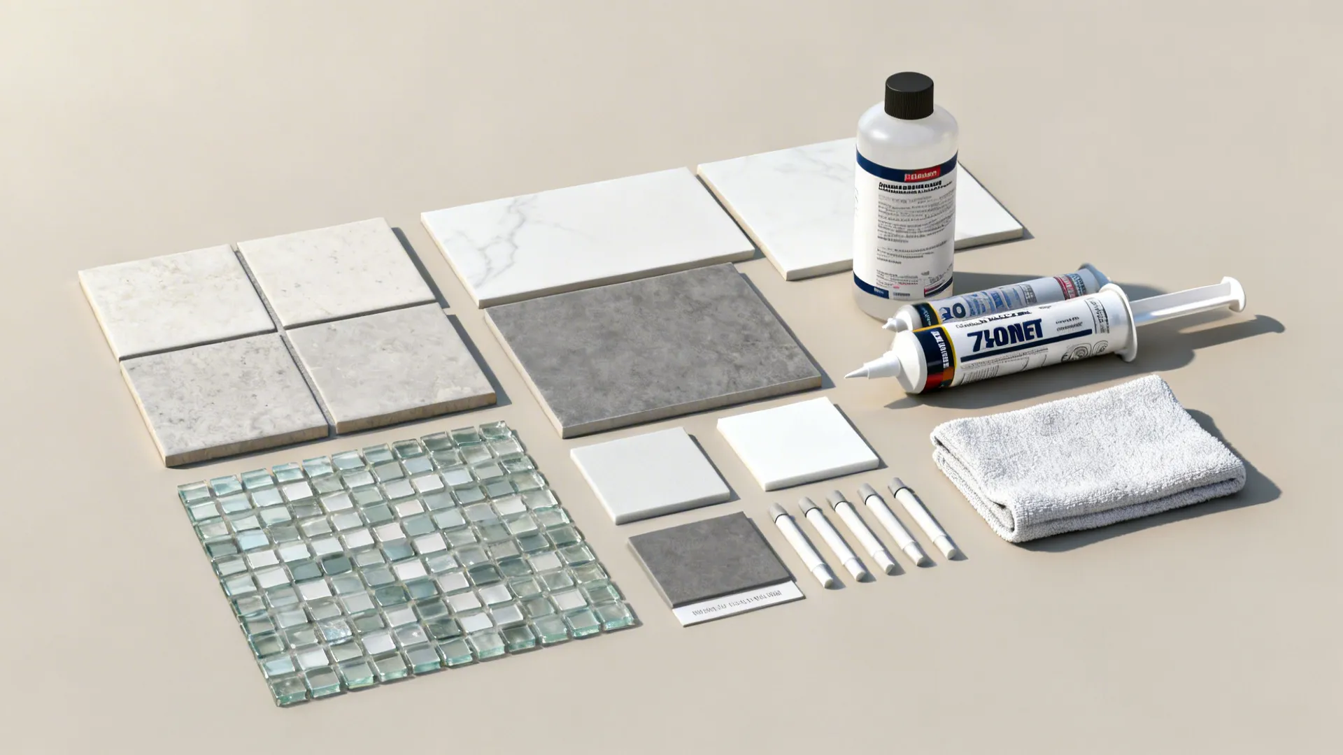 Flatlay of ceramic, porcelain, glass mosaic samples with grout, sealer, and caulk for sink backsplashes.