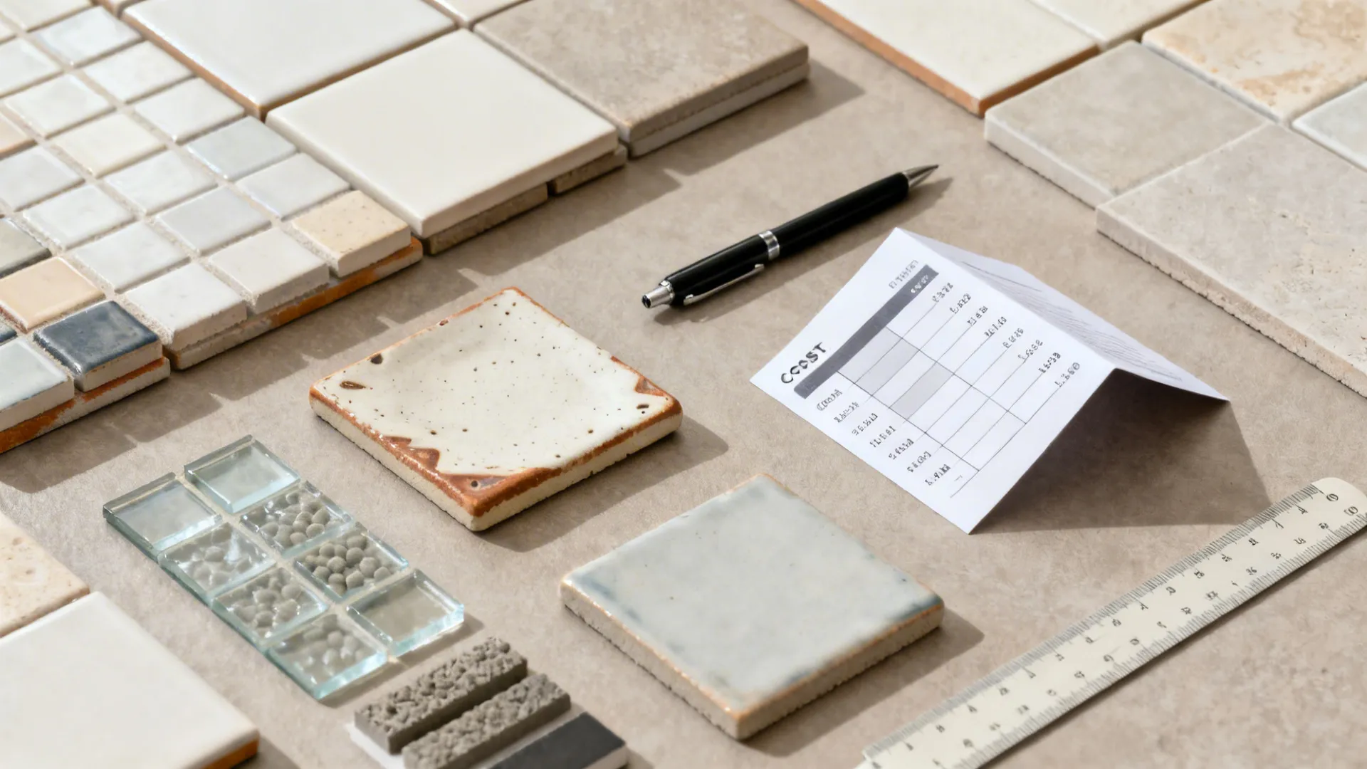 Flatlay of ceramic, porcelain, glass, and handmade tile samples with grout sticks for FAQs.