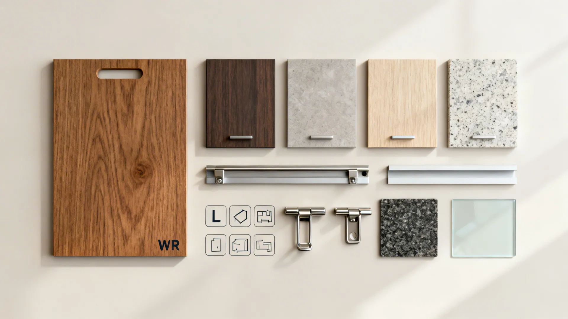 Flat lay with BWR plywood, laminates, quartz, granite, and hardware for semi-modular kitchens.