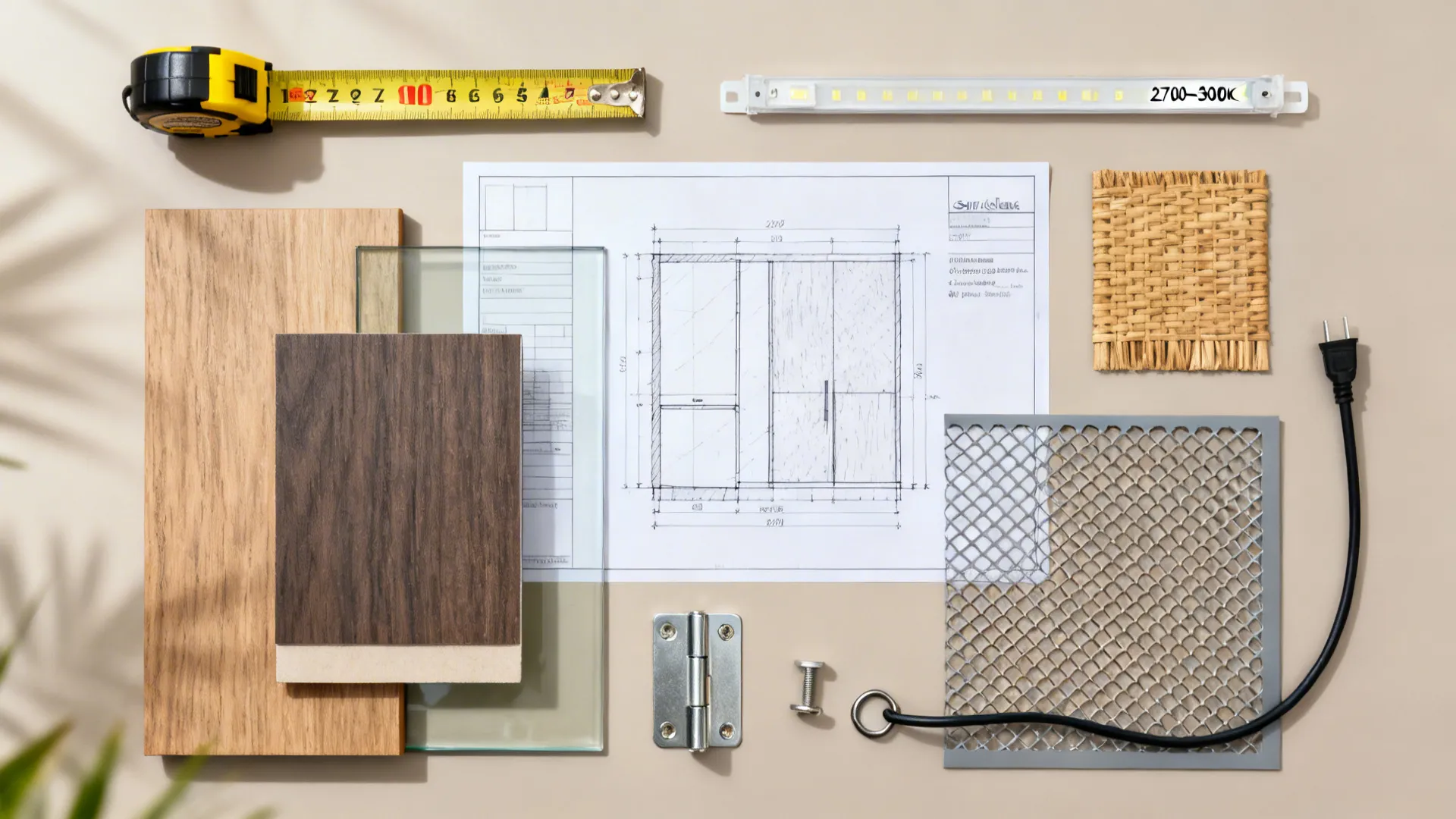 Flat lay of interior design drawing with wood samples, tape measure, glass, and metal hinge