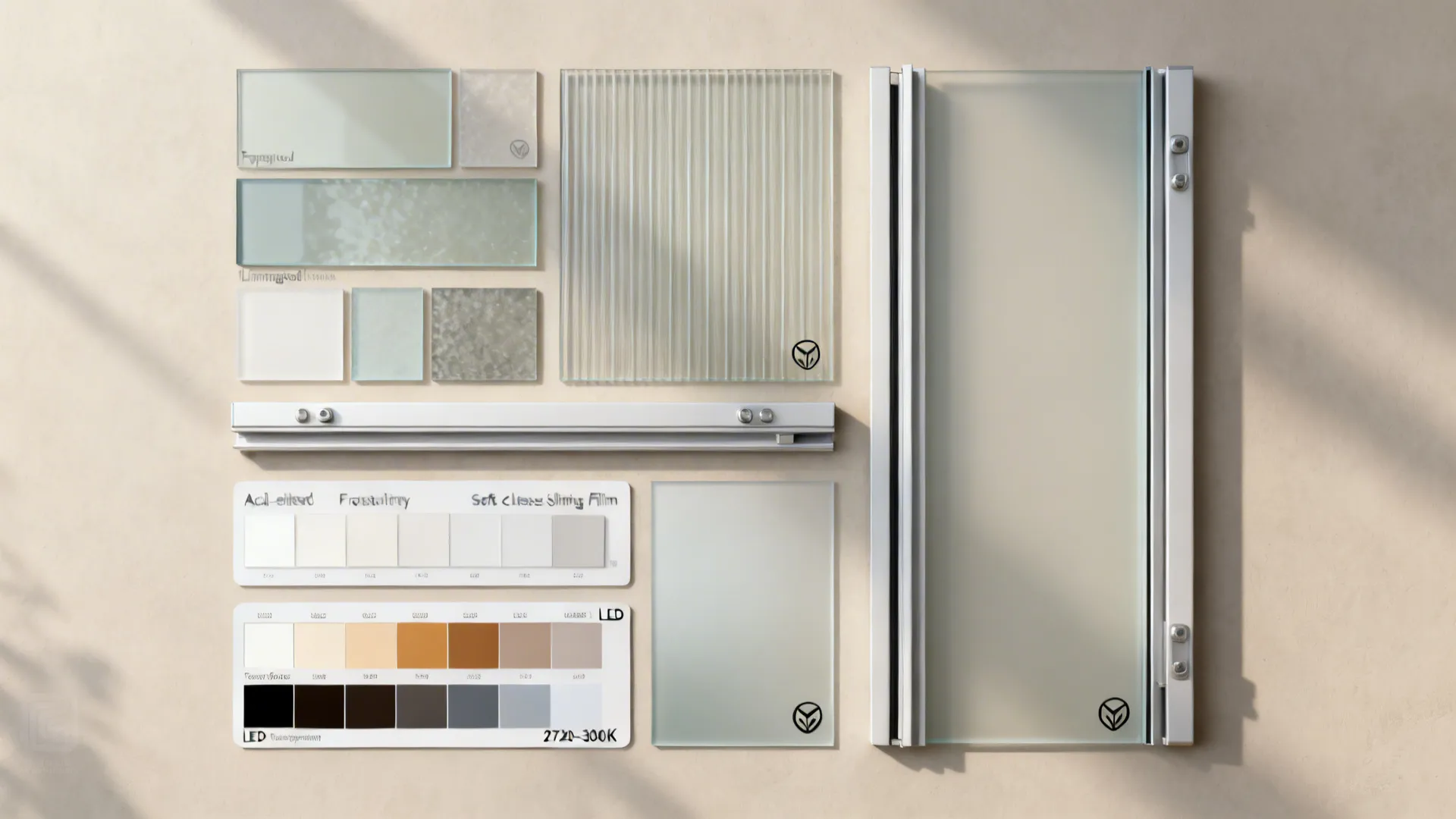 Material samples showing glass textures metal tracks and LED light color swatches for interior projects