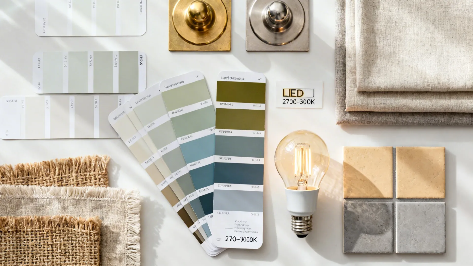 Flatlay of paint, metals, bulbs, textiles, and floor samples illustrating small drawing room color choices.