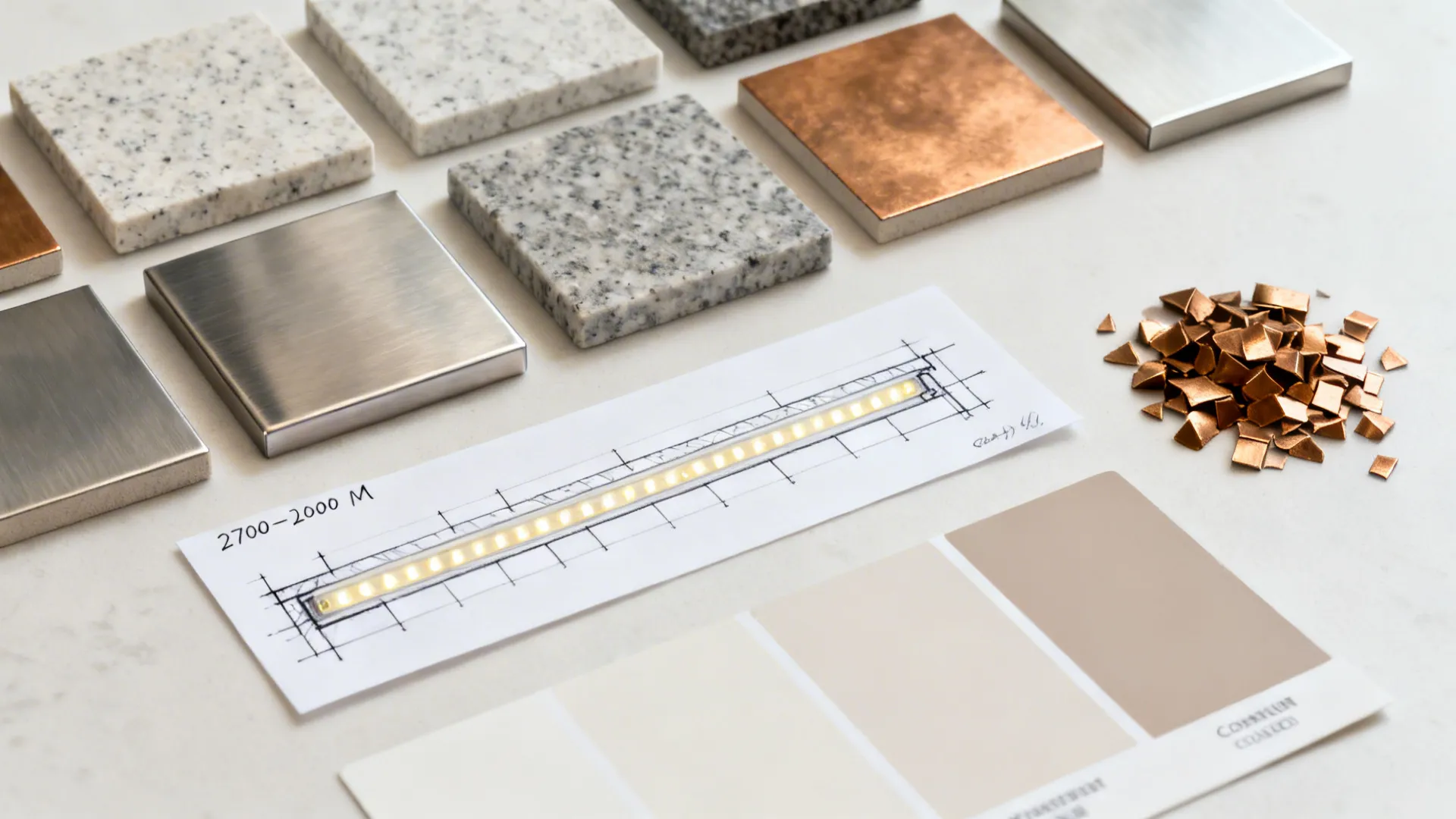 Flat lay with honed stone samples, brushed nickel and brass chips, warm LED strip, and neutral paint swatches.