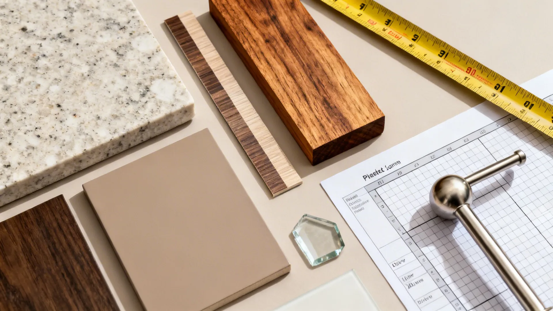 Flat lay of quartz, laminate, butcher block, matte lacquer, low-iron glass, and brushed hardware with planning tools.
