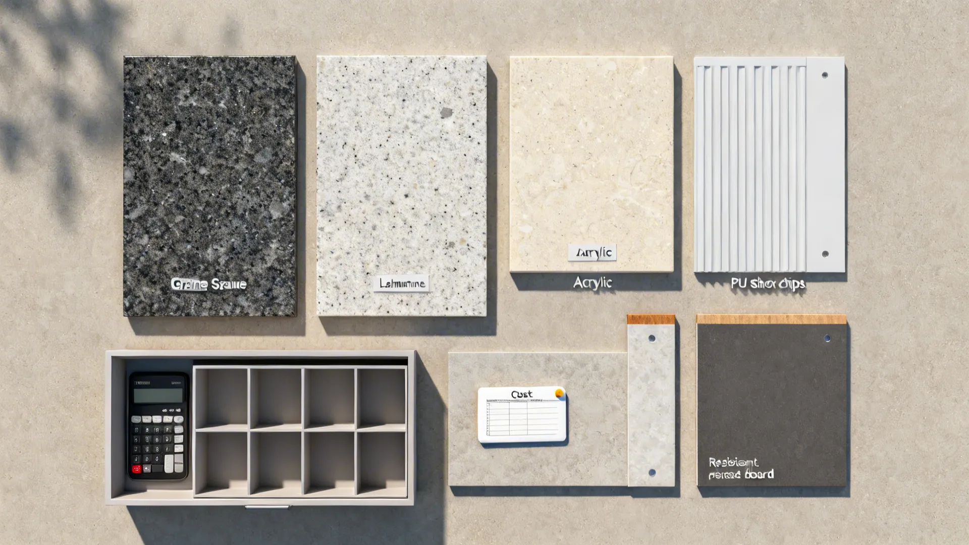 Flat lay of countertop samples, shutter finishes, drawer inserts, and moisture-resistant boards.