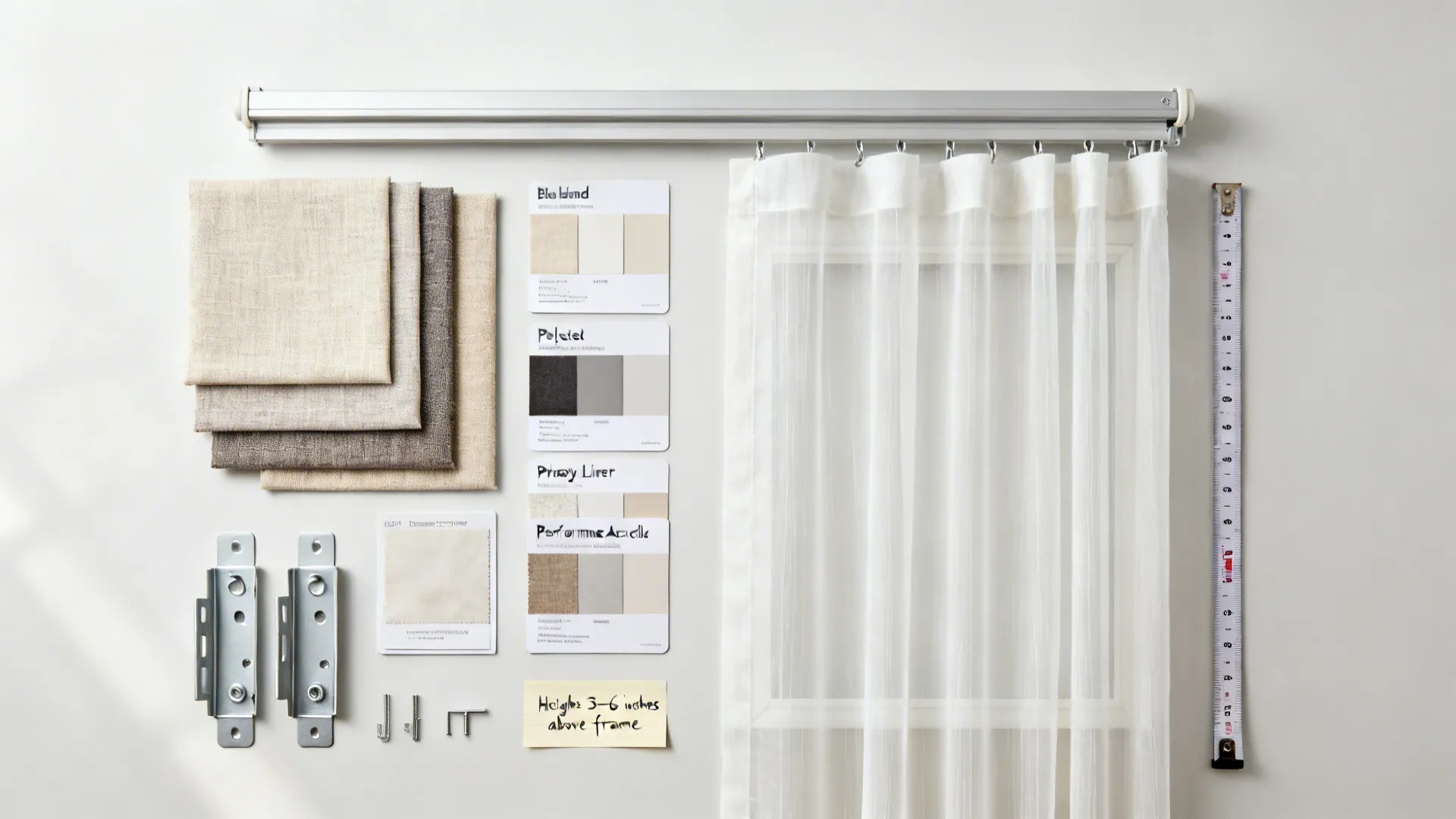 Flat lay of curtain fabrics, liners, brackets, and measuring tools for small kitchens.