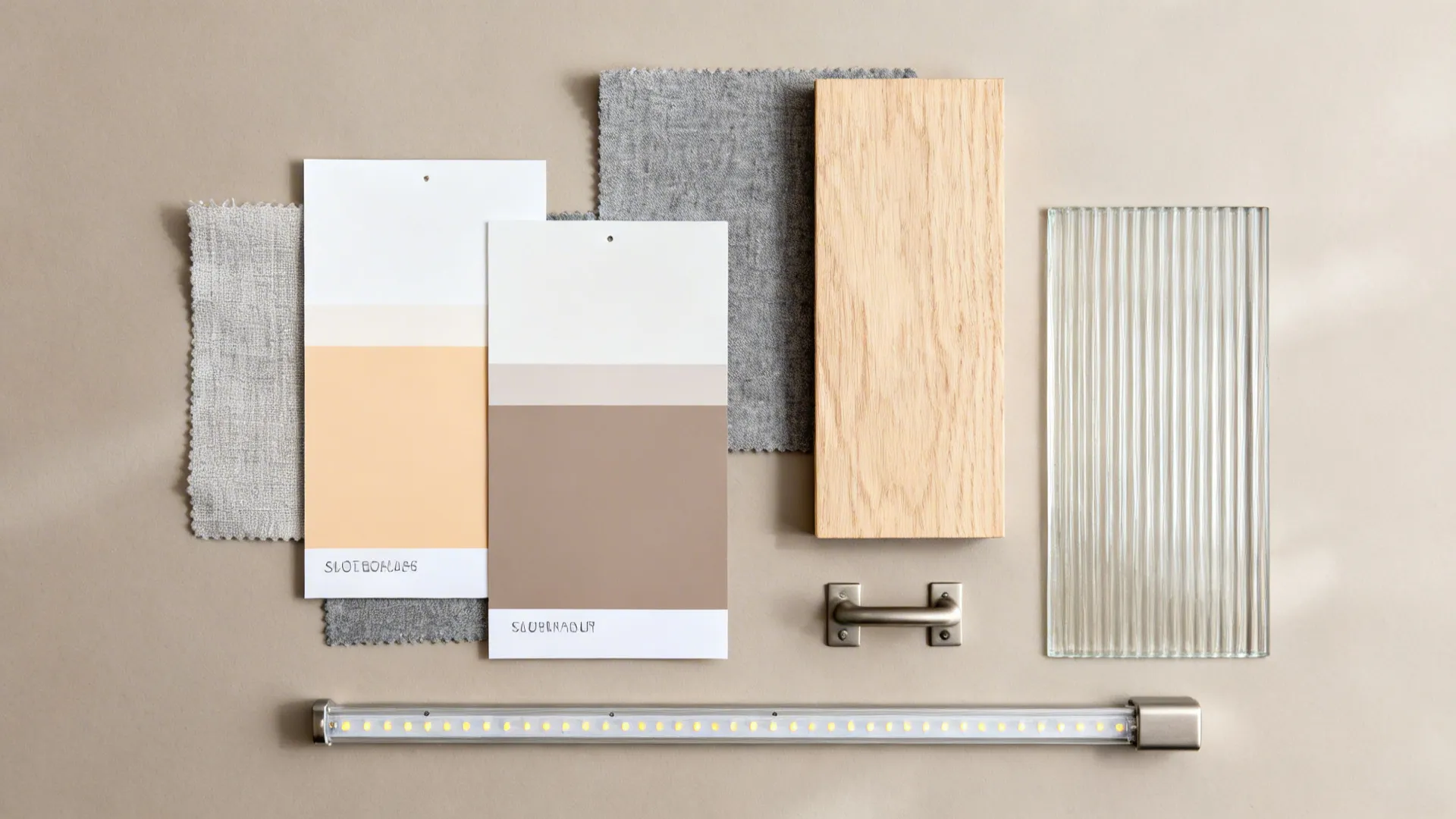 Selection of interior design materials including wood board glass fabric swatches and a metal handle