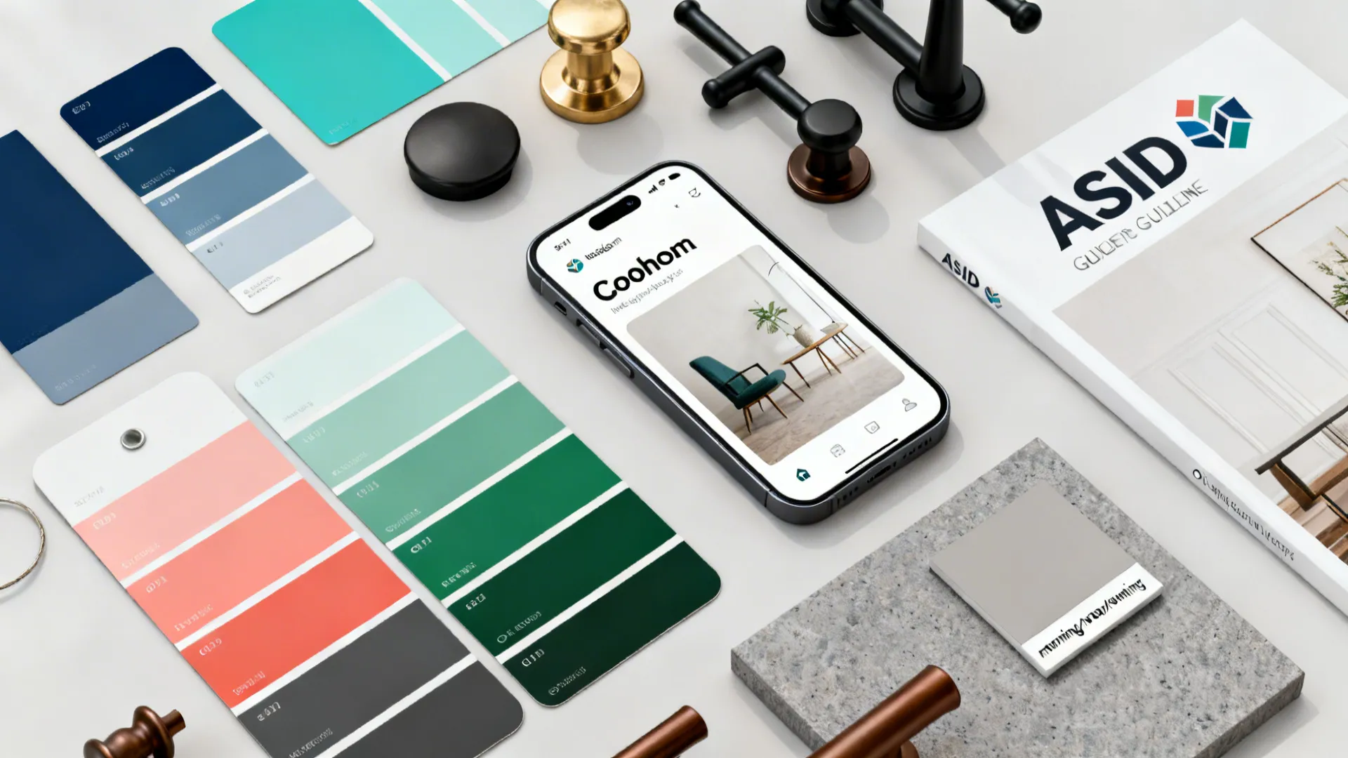 Flatlay of paint swatches, hardware samples, and a phone showing a facade mockup tool.
