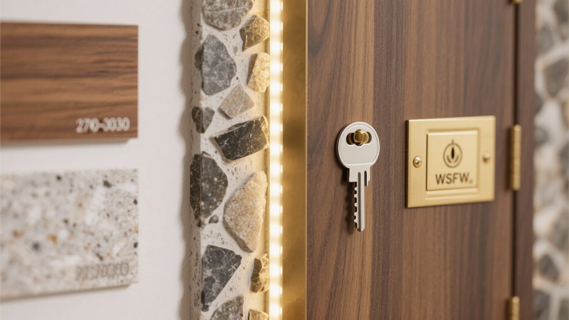 Macro collage of sealed wood veneer, matte laminate, honed stone, warm LED strip, and brass plate.