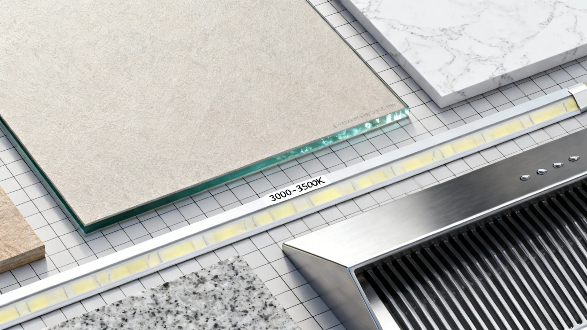 Selection of interior design materials with marble tiles stone slabs and one bright light fixture