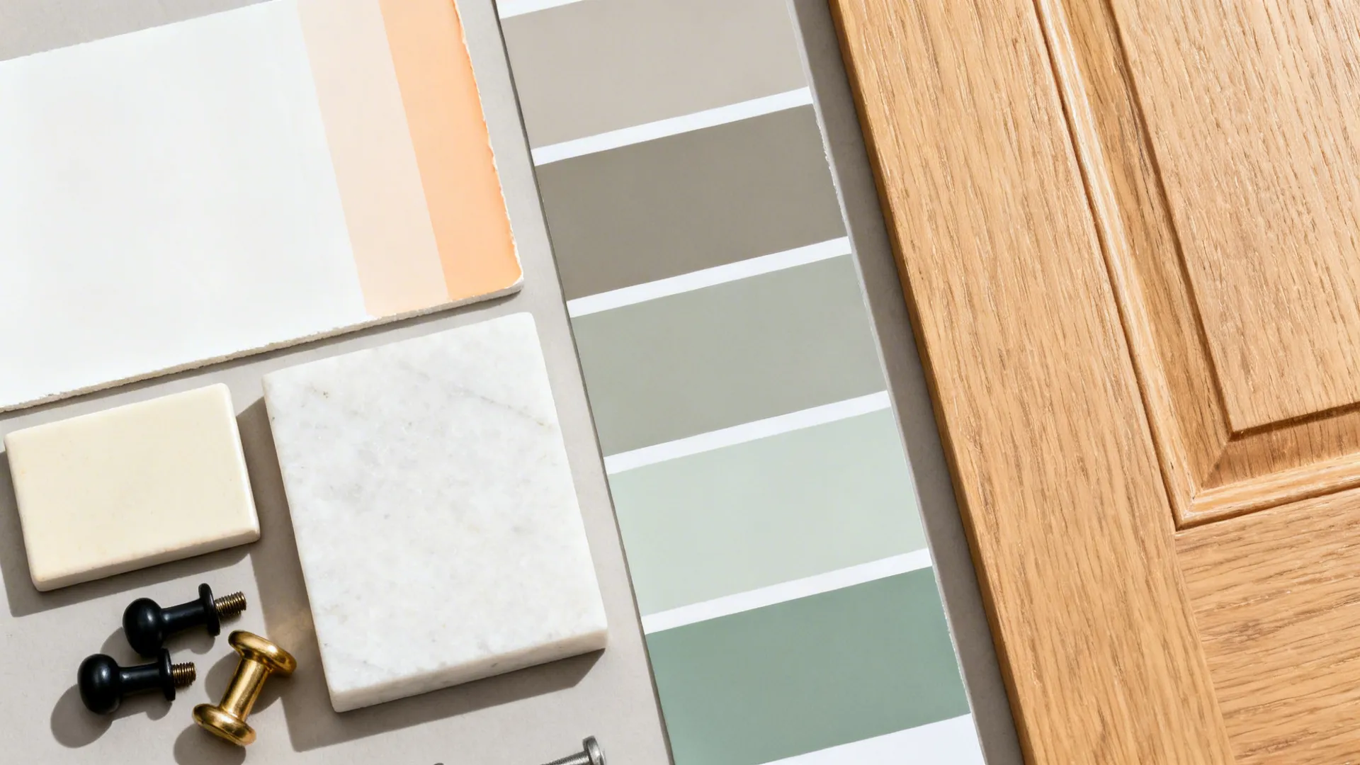 Close up of interior design materials with green paint swatches marble tile wood and knobs