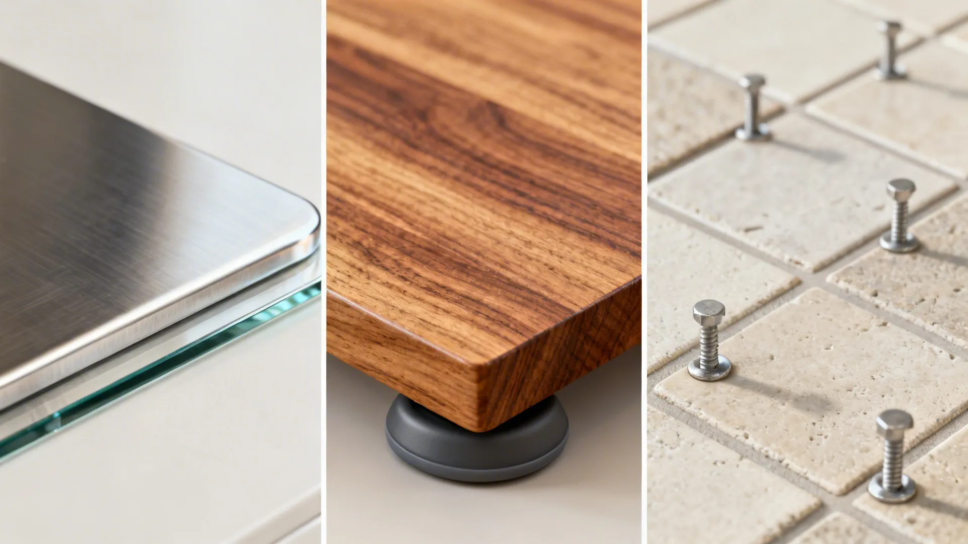 Macro of 304 stainless, tempered glass, and oiled wood with silicone pads and anchors.