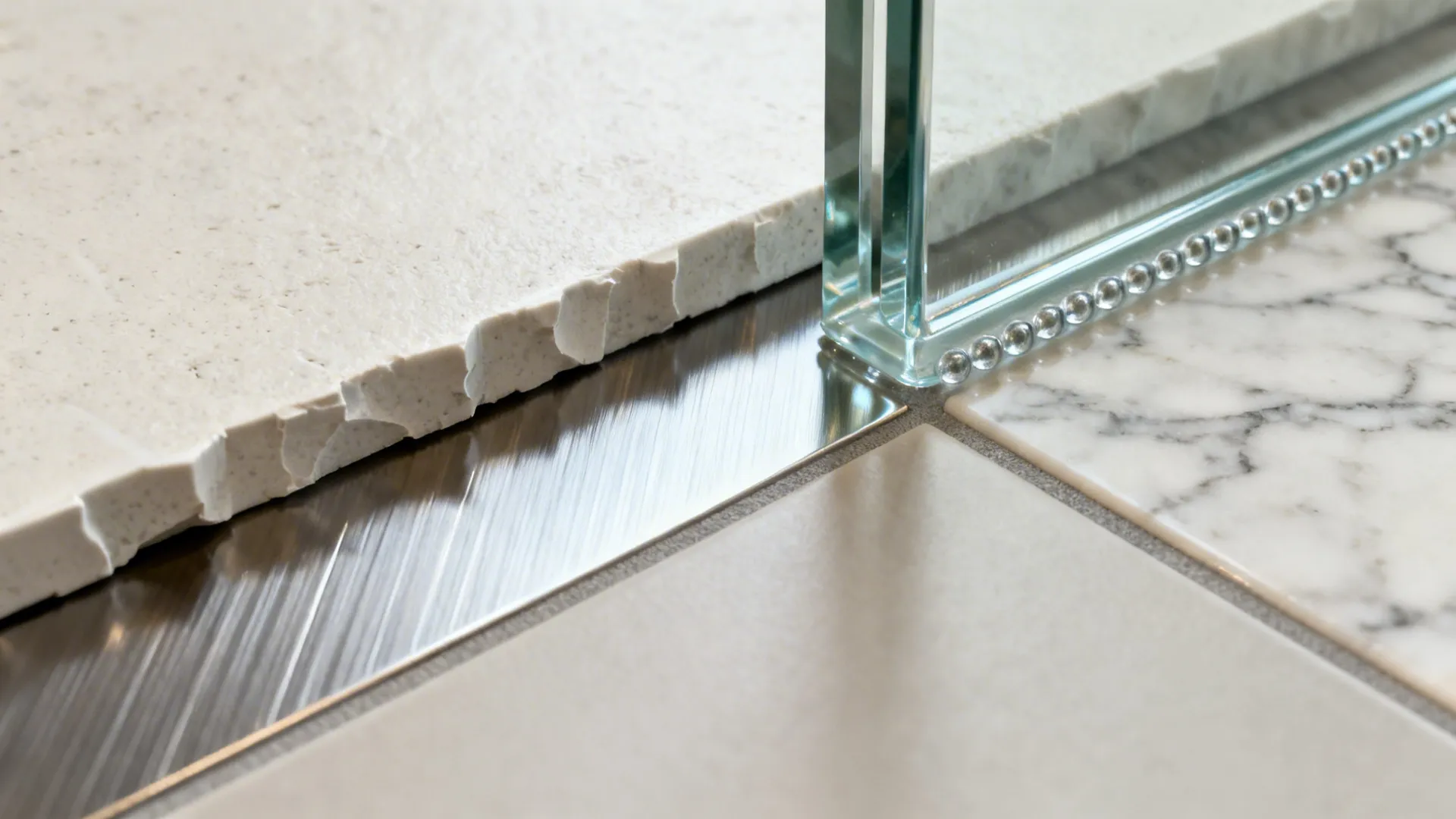 Macro collage of heat-safe backsplash materials: porcelain, glass, stainless, ceramic tile, and quartz.