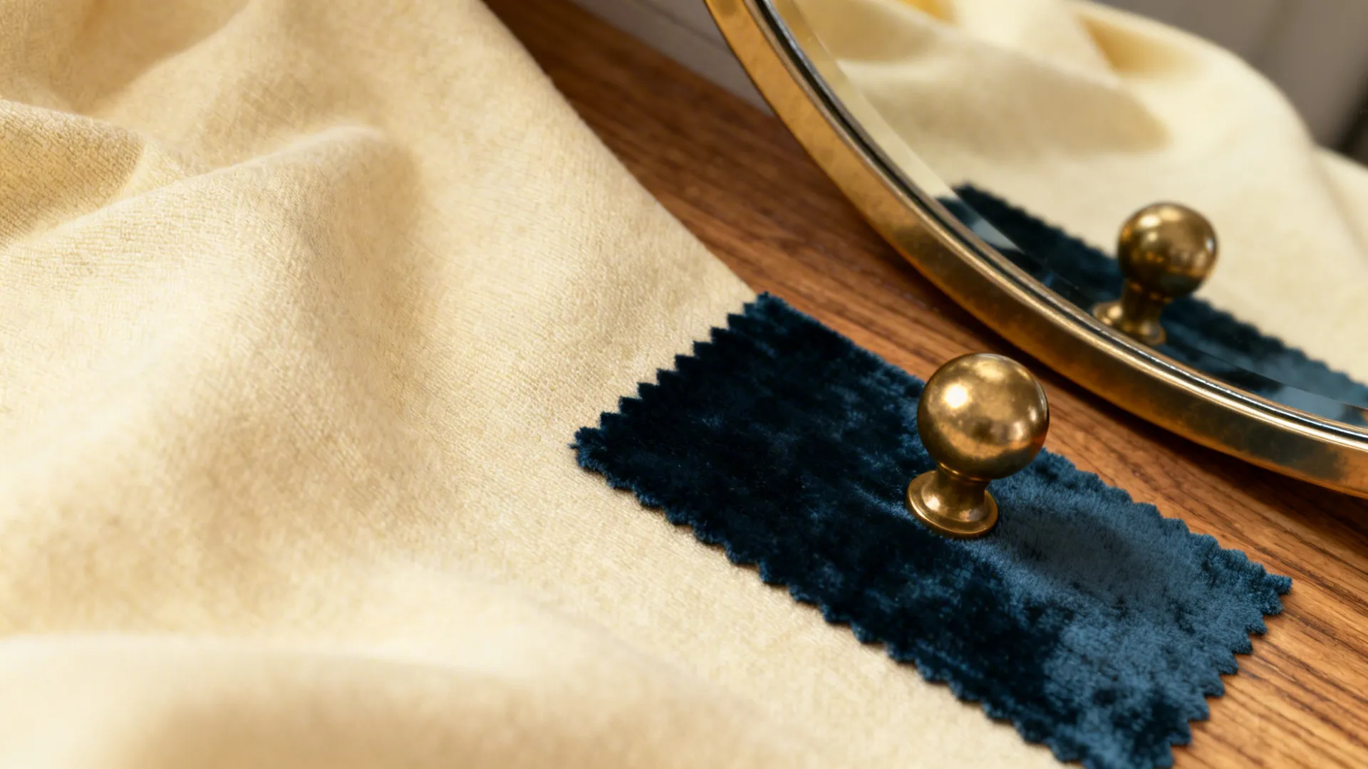 Macro view of navy velvet, cream fabric, brass hardware and oak grain showing textures and sheen.