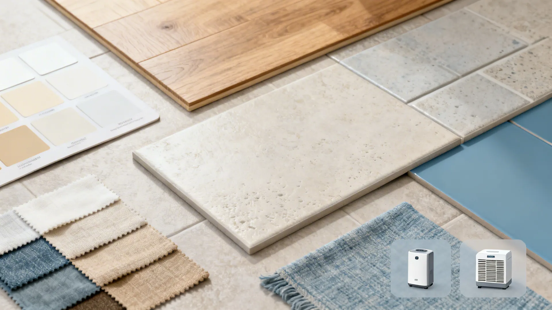 Material and color palette samples including fabrics, hardwood and tile for a lake house living room