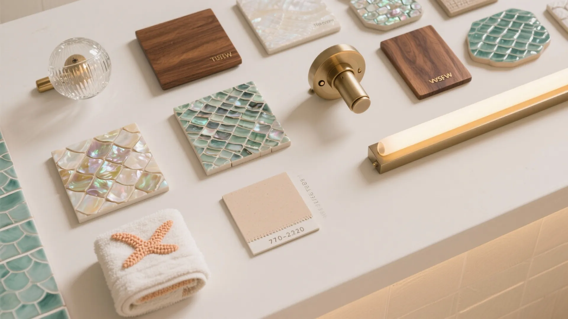 Various interior design material samples including tiles wood pieces light fixtures and a small towel