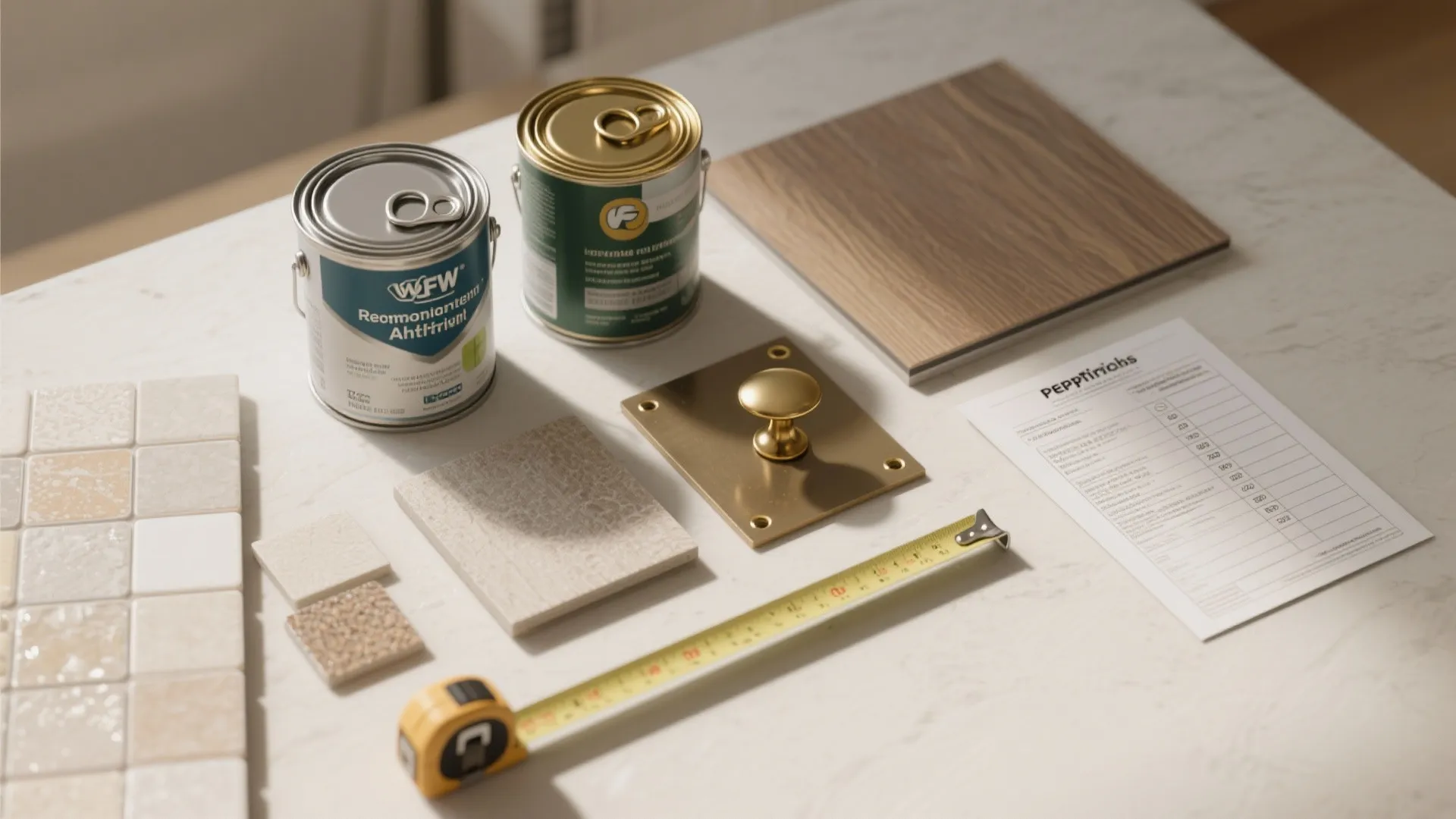 Flatlay of affordable renovation materials and tools with a permit checklist