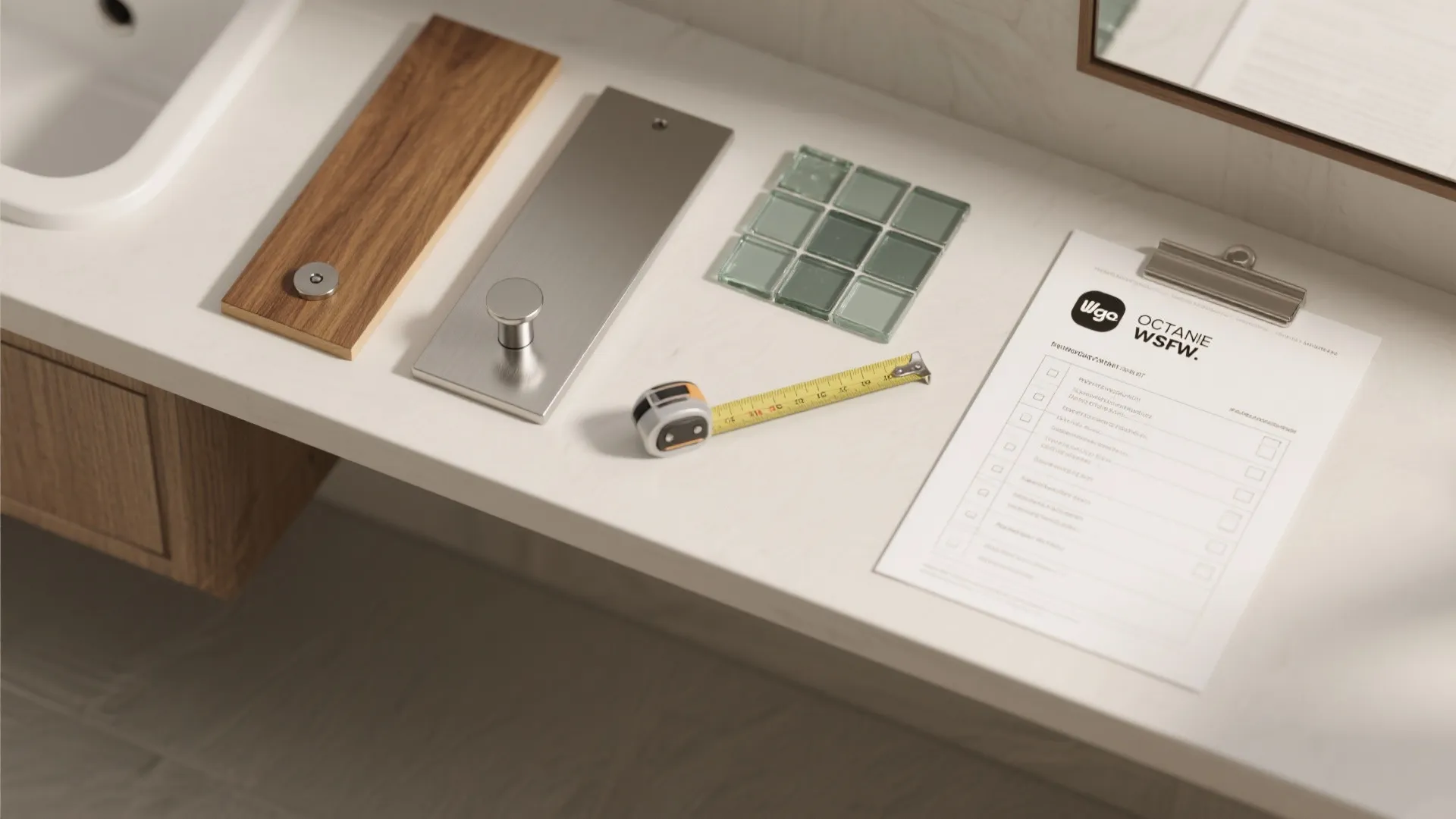 Top view of bathroom remodel samples including wood metal glass tiles tape measure and checklist