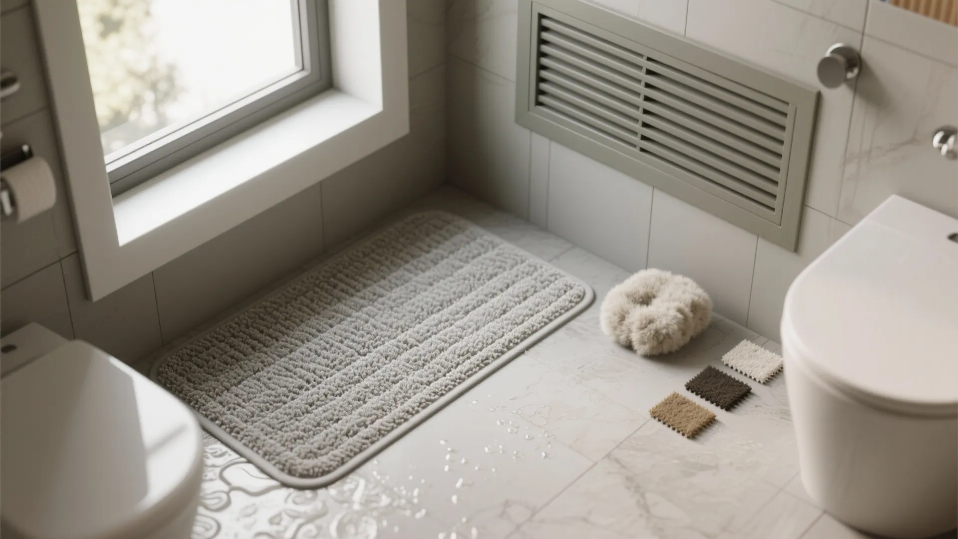 Bathroom interior with grey bath mat white toilet window wall vent and small fabric samples