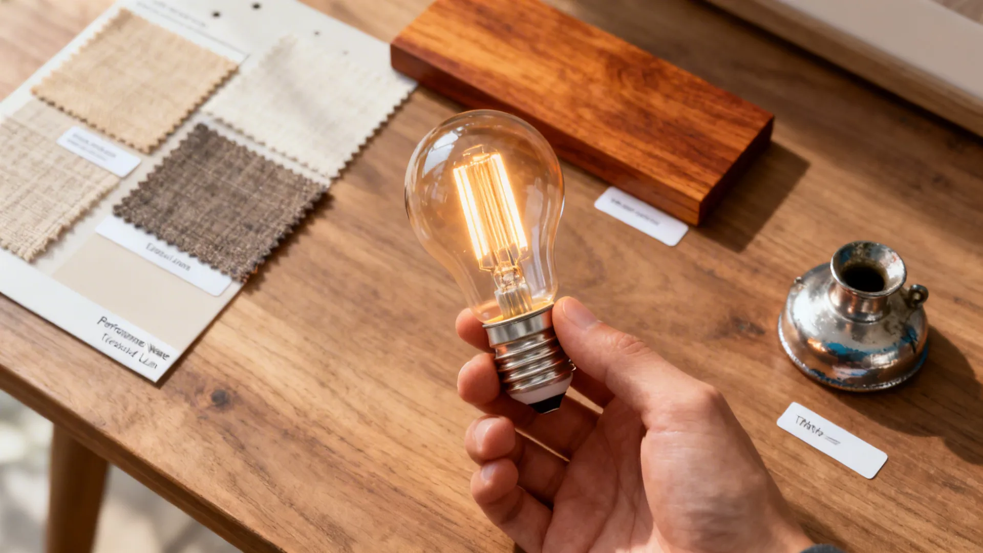 Vignette of fabric swatches, warm wood sample and LED bulb demonstrating tips for blue and silver rooms.