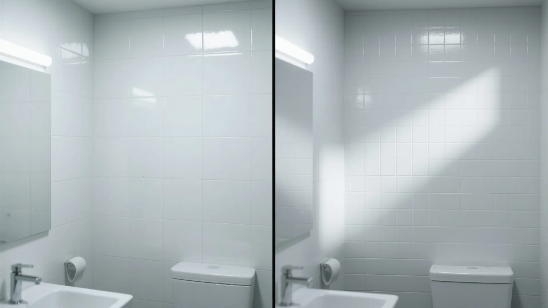 Side-by-side comparison of glossy vs matte white tiles illustrating glare reduction.