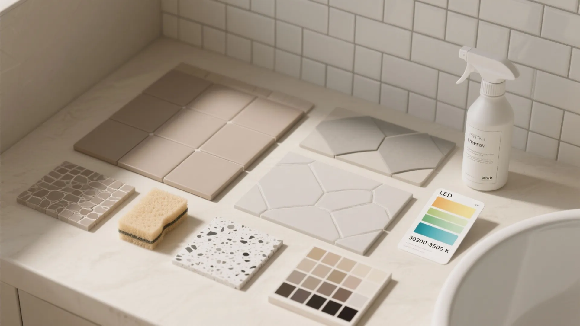 Top-down flatlay of matte tile samples, grout swatches, microfiber sponge, and neutral pH cleaner under soft daylight.