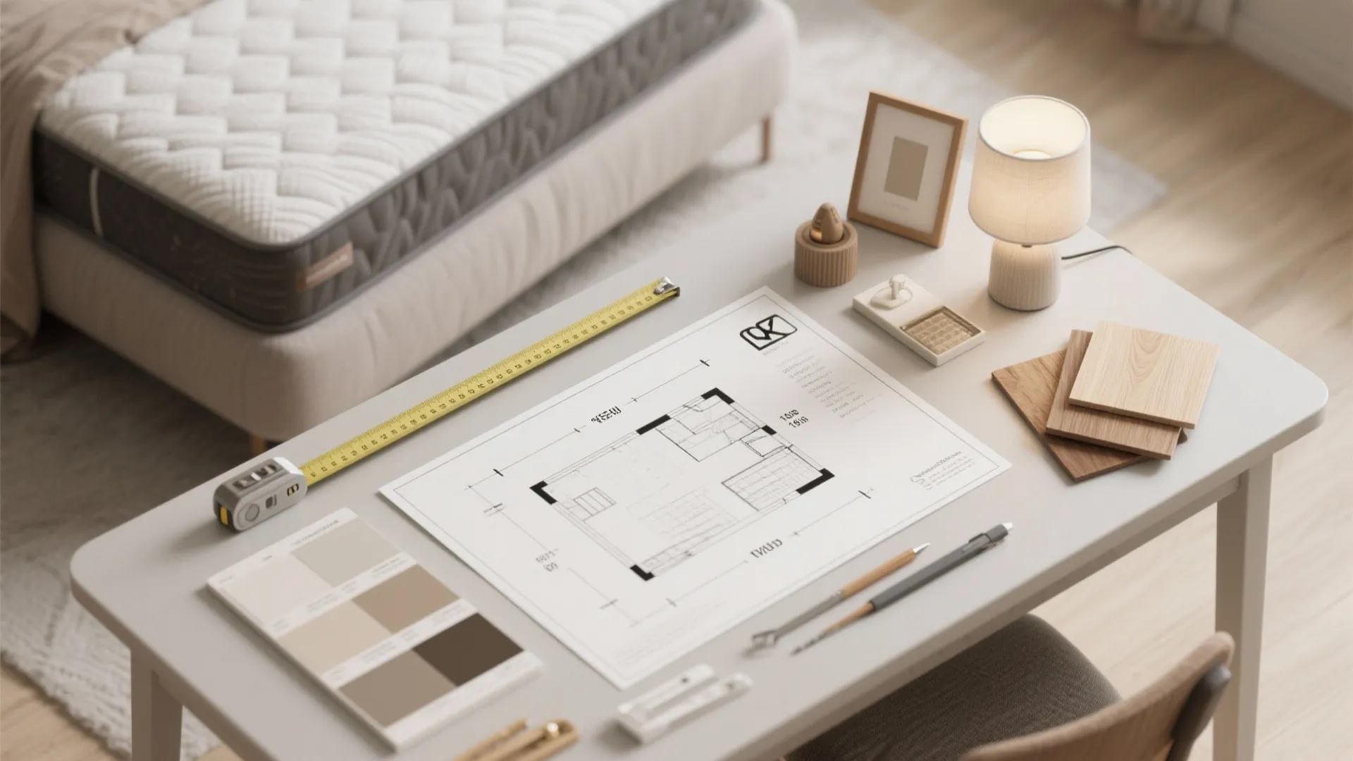 Flatlay with mattress size chart, measuring tape, floor sketch, and material swatches for planning a king bed.