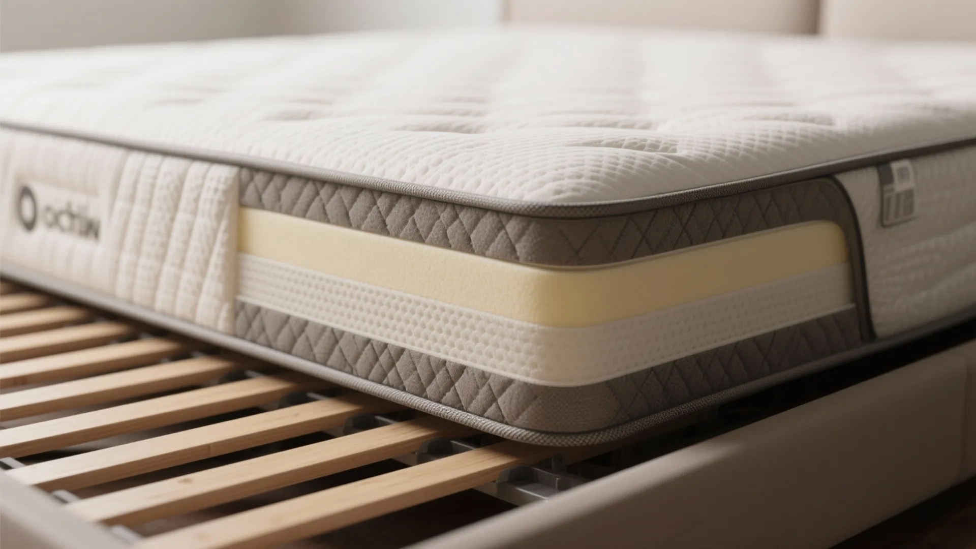 Close up view of a white mattress showing inner foam layers on a wooden frame