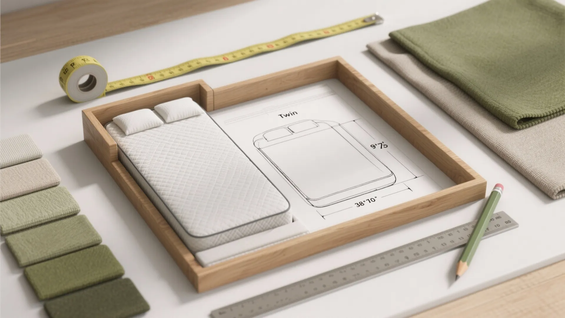 A small white mattress model with pillows placed next to a twin bed size drawing