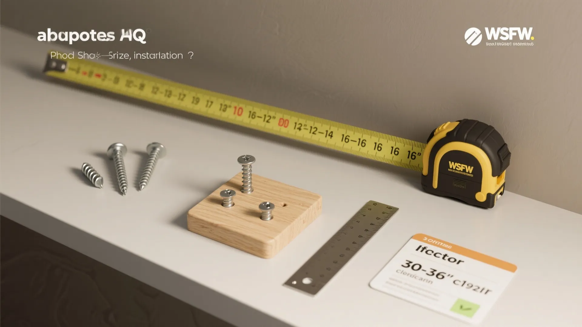 Flatlay showing tape measure, shelf sample, anchor types and clearance notes for laundry shelving.