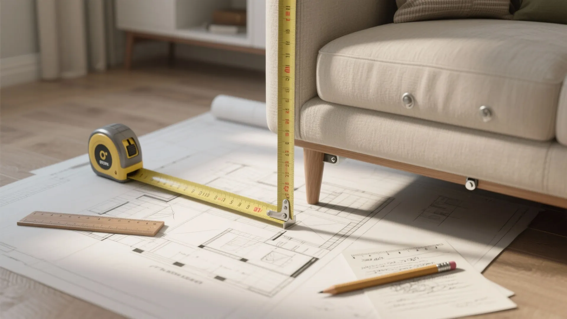Measuring a sofa height with a yellow tape measure over an interior design room plan