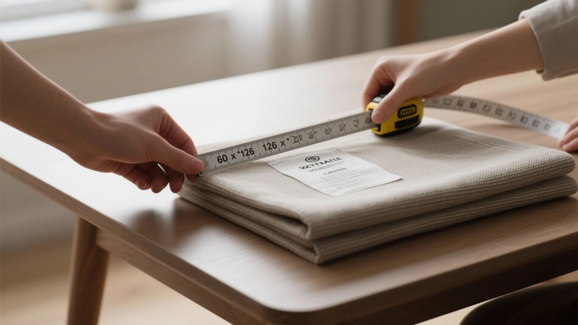 Two hands using a yellow tape measure to check size of folded beige fabric material