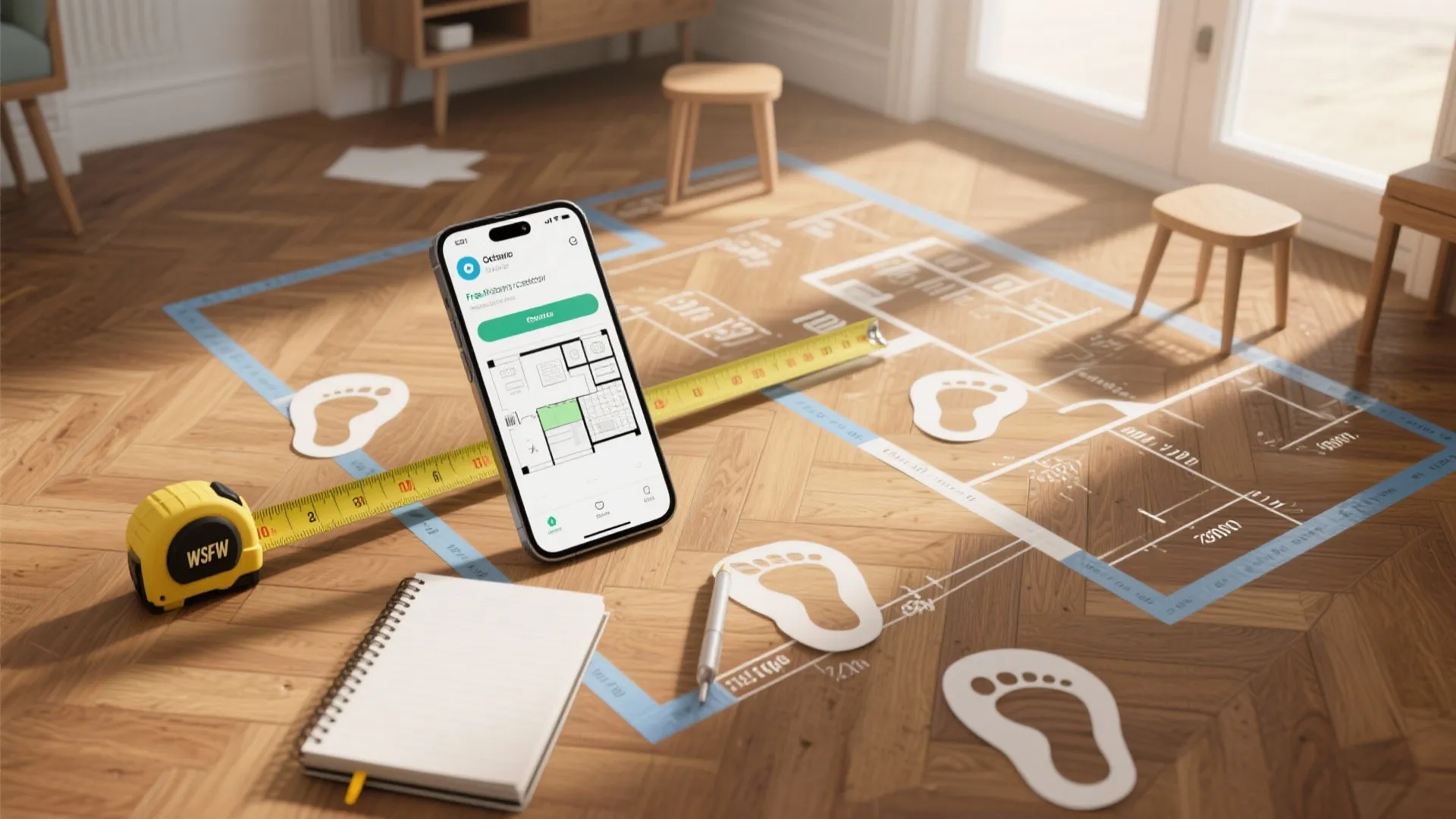Smartphone showing room floor plan with measuring tape and notebook on wooden floor with markings